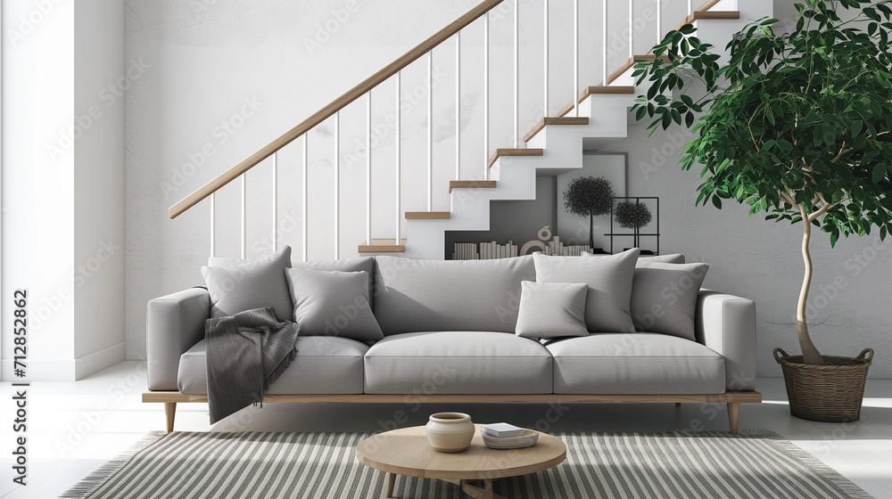 ute grey sofa in room with staircase. Scandinavian home interior design ...