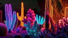 A Neon Cactus Garden With Each Ly Plant Outlined In A Different Electric Color