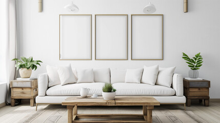 Wall Mural - Square coffee table near white sofa and rustic cabinets against white wall with blank poster frames with copy space. Japanese home interior design of modern living room