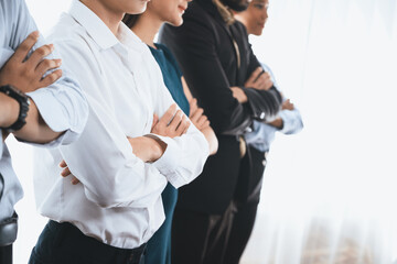 Diverse group of professional business people stand in line with cross arm gesture in modern corporate office. Happy and smiling multiracial office worker team bond and succeed together. Concord