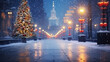 Abstract snow blurred background city lights, winter holiday new year