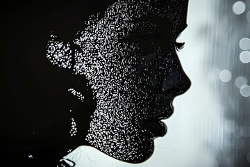 Wall Mural - Silhouette of a stunningly beautiful profile of young lady made of very tiny dot's. generative AI