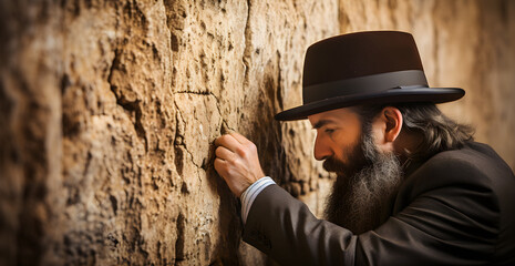 a Jewish man from the first temple period, dressed like a Hasidic Jew, praying in the wailing Wall