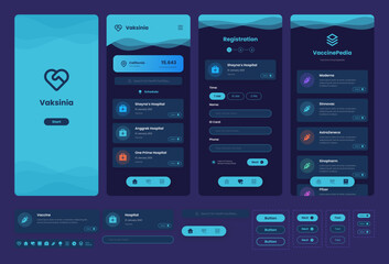 Vaccination User Interface (UI) design kit. Dark mode. Mobile application design interface.