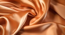 Light Red Orange Color Satin Fabric Silk For Background. Orange Fabric Textile Drape With Crease Wavy Folds, Wind Movement, Background, Texture.