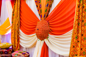 Indian Punjabi Sikh pre wedding Jago ceremony interiors, decorations and ritual items