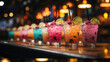 Bar counter in summer beach cafe. Row of glass faceted glasses with multicolored cold alcoholic drinks with ice, berries, fruits. Yellow lemonade with straw. Blue cocktail. Bokeh light. Holiday, party