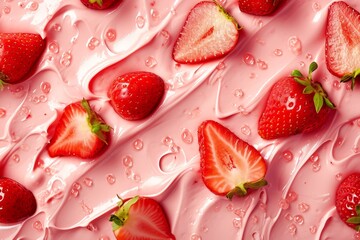 Sticker - Yogurt and fresh strawberries, background. Top view.