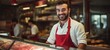 © Postproduction - Friendly butcher serving fresh meat at local market. Small business and entrepreneurship.