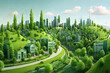 © Amila Vector - Discover the beauty of a green city concept. A small town adorned with trees and lush grass, a harmonious blend of nature and urban living.