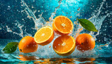 Cytrusy, pomarańcze w wodzie, tło dekoracja, generative ai