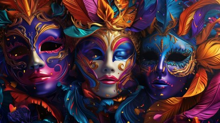 Carnival party background with Mardi Gras festive mask and vibrant Brazil and Latin decoration. Generative AI