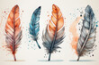 Watercolor feathers set. Hand drawn  illustration. Retro style.