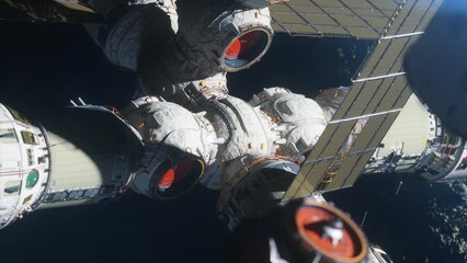 Wall Mural - The space station is flying in space against the background of an exoplanet
