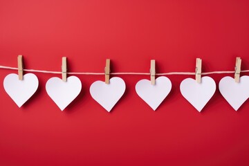 Sticker - Valentine's Day concept, paper hearts hanging on clothes pegs on a red background. Generative AI.