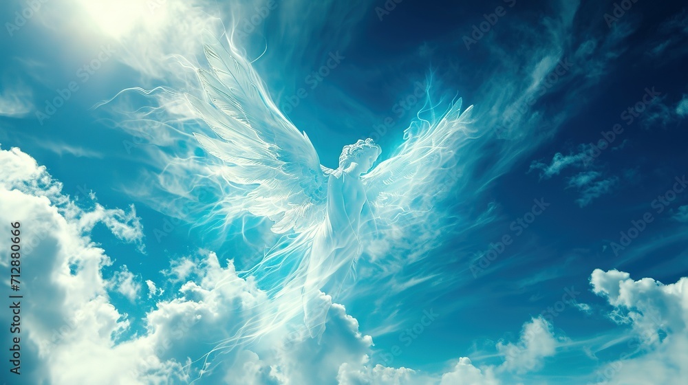 Angel spirit in blue sky with clouds Stock Illustration | Adobe Stock