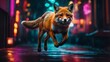Funny fox jumping in the night street. 3D rendering