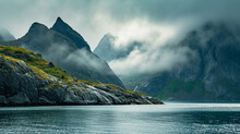 Summer Cloudy Lofoten Islands. Norway Misty Sea And Fjords. Ai Generative
