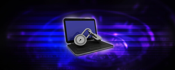 3d illustration Safety concept: Closed Padlock with laptop on digital background
