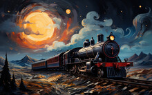 Train Running In Sunset Painting
