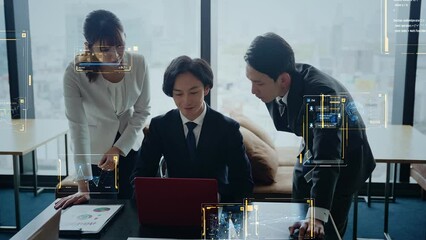 Poster - 会議するビジネスパーソンのグループとデジタルテクノロジー
