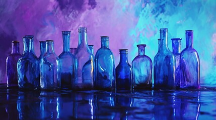 bottles with blue pastel and purple pastel on water