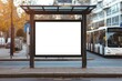Large empty commercial banner mounted on urban bus stop. Generative AI.