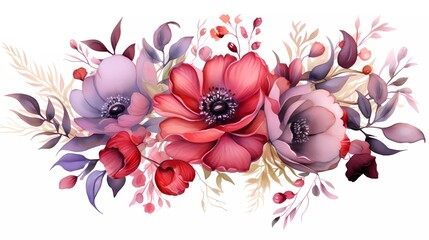 Wall Mural - illustration Red and purple flowers, leaves clip art watercolor flowers. generative ai