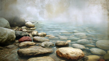 Illustration Of A Serene Scene Of A Small Stream With Pebbles In Muted Earth Tones.
