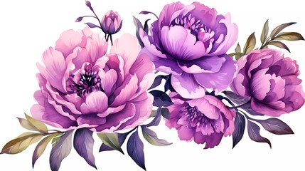 Wall Mural - Watercolor illustration of purple flowers, flower clip art. Bouquet of peonies. generative ai