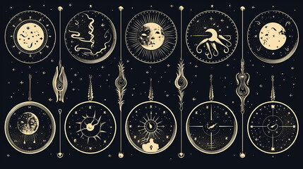 Wall Mural - illustration set of moon phases different style on black background