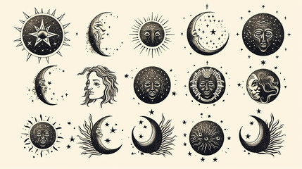 Wall Mural - illustration set of moon phases different style
