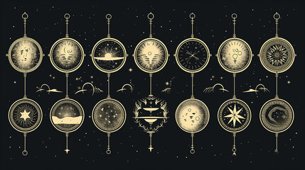 Wall Mural - illustration set of moon phases different style on black background