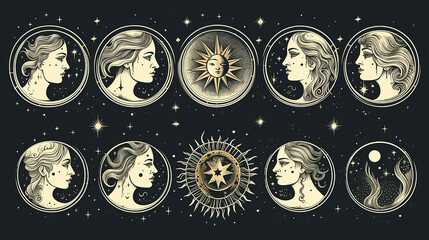 Wall Mural - illustration set of moon phases different style
