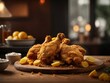 Fried chicken nuggets with sauce and lemon on wooden table
