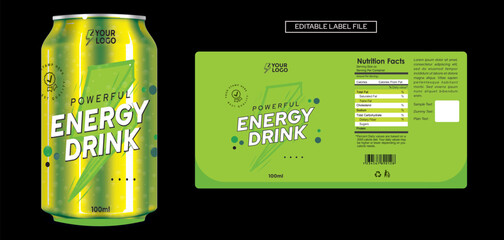 Energy drink label design, soft drink cold drink label packaging design, bottle can label print ideas, bold modern beverage label illustration vector editable file