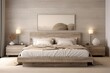 Bed room interior design with wooden walls, posters, king size bed, side table and lamp. Created with Ai