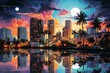 A nocturnal artwork portraying the vibrant cityscape of Miami in Florida. Generative AI