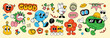 © TWINS DESIGN STUDIO - Set of 70s groovy element vector. Collection of cartoon characters, doodle smile face, flower, heart, ball, sun, hand, jigsaw, word. Cute retro groovy hippie design for decorative, sticker, kids.