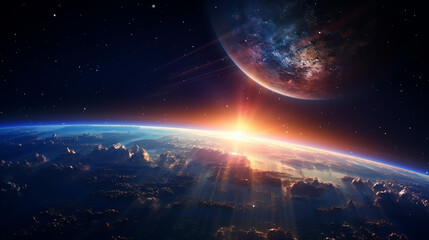 Wall Mural - beautiful space scene with sunrise over group of planets in space