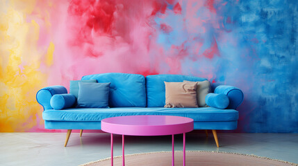 Wall Mural - Blue sofa and round pink coffee table against multicolored stucco wall with copy space. Colorful, playful pop art style home interior design of modern living room