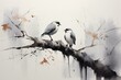 Sumi-e ink painting of birds perched on tree. Generative AI