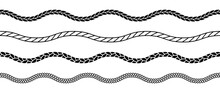 Set Of Rope Waves. Repeating Hemp Cord Stripes Collection. Wavy Chain, Braid, Plait Bundle. Seamless Decorative Plait Pattern. Vector Marine Twine Design Elements For Banner, Poster, Frame, Border