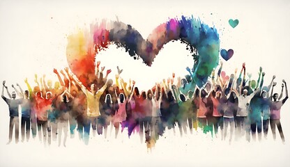 Wall Mural - Group of diverse people with arms and hands raised towards hand painted hearts. Charity donation, volunteer work, support, assistance. Multicultural community. People diversity.