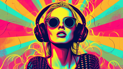 Pop art retro style pretty blonde young woman wearing headphones and sunglasses on vibrant colorful background