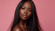Elegant Black Woman with Straight Hair, Intense Gaze, Rosy Pink Background, Flawless Makeup, Striking Portrait, Bold Sensuality, Smooth Skin, Fashion Photography, Glossy Lips, Defined Features, Subtle
