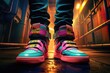 Cool sneakers in neon-cyberpunk style against the background of the city