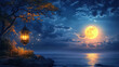 Mystical Moonlit Night with a Radiant Golden Lantern Background Background