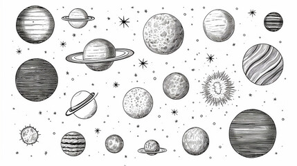 Wall Mural - set of space objects planets stars hand drawn on white background