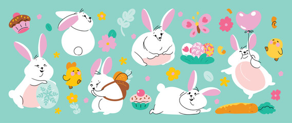 Wall Mural - Cute rabbit and easter element vector set. Hand drawn fluffy rabbit, easter egg, flower, carrot, chick, cupcake. Collection of doodle bunny and adorable design for decorative, card, kids, sticker.